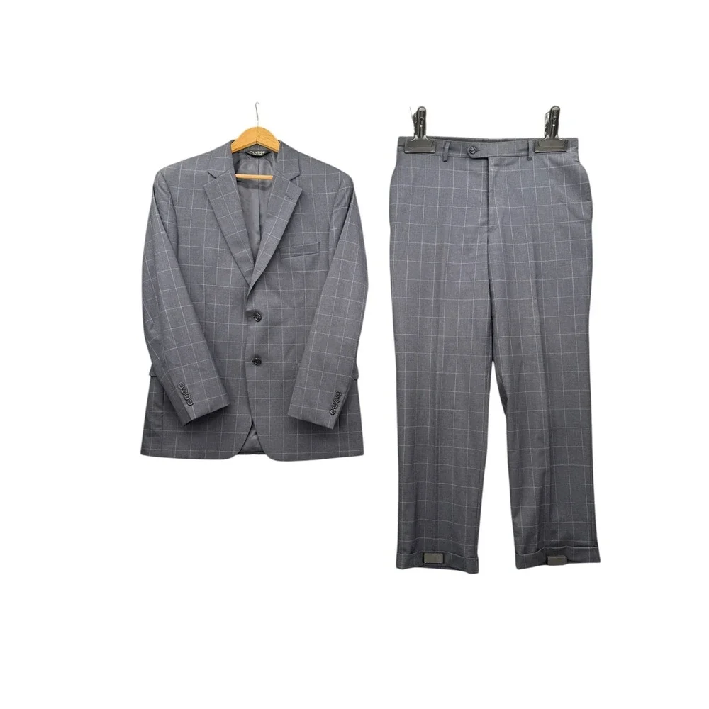 Jos A Bank Gordon Suit 42R Gray Windowpane Wool 2 Piece Mens Dress Suit Pants 34